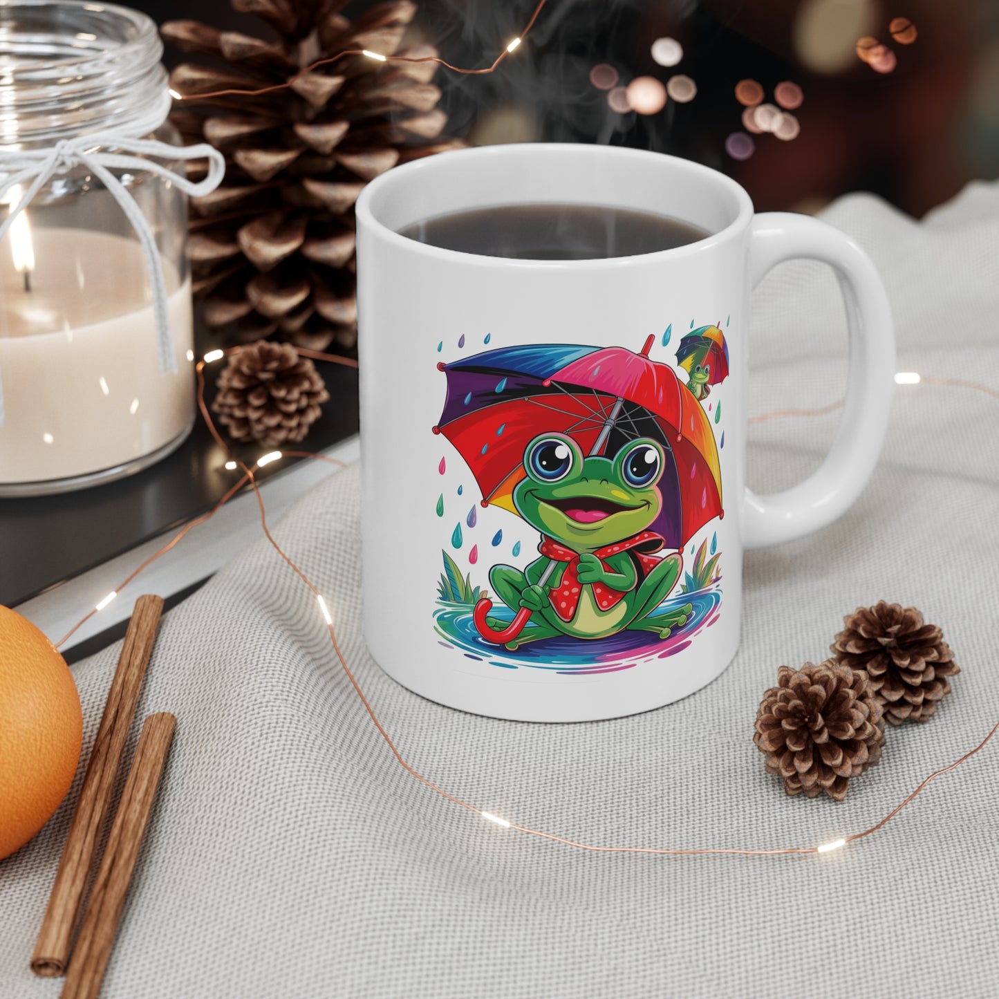 Tasse Grenouille Mignonne avec Parapluie – Mug Kawaii Coloré sous la Pluie – Design Animal Fun et Arc-en-ciel – Cadeau Original 325ml