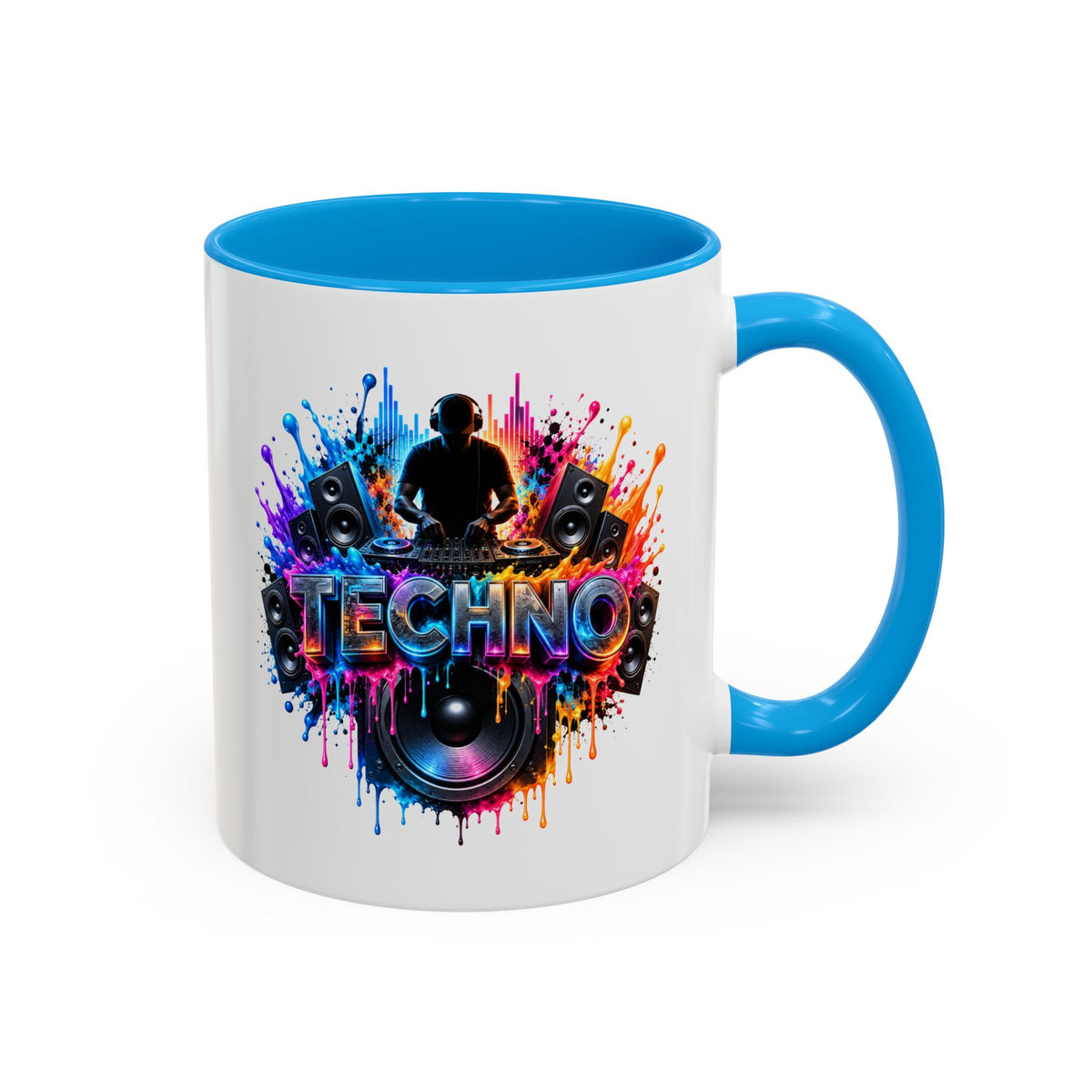 Mug Techno DJ Coloré – Tasse Musique Électronique avec Platines et Enceintes – Cadeau Original Amateur de Techno et de Soirées