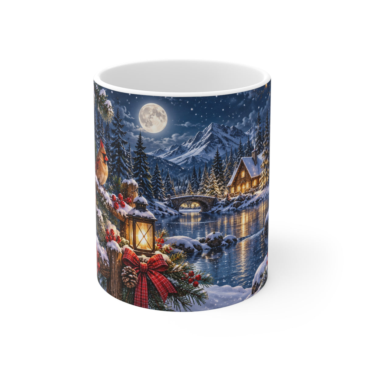 Mug Oiseaux Rouges dans un Paysage de Noël – Tasse Hiver avec Chalet, Neige, Lune et Lanternes – Cadeau Original Nature