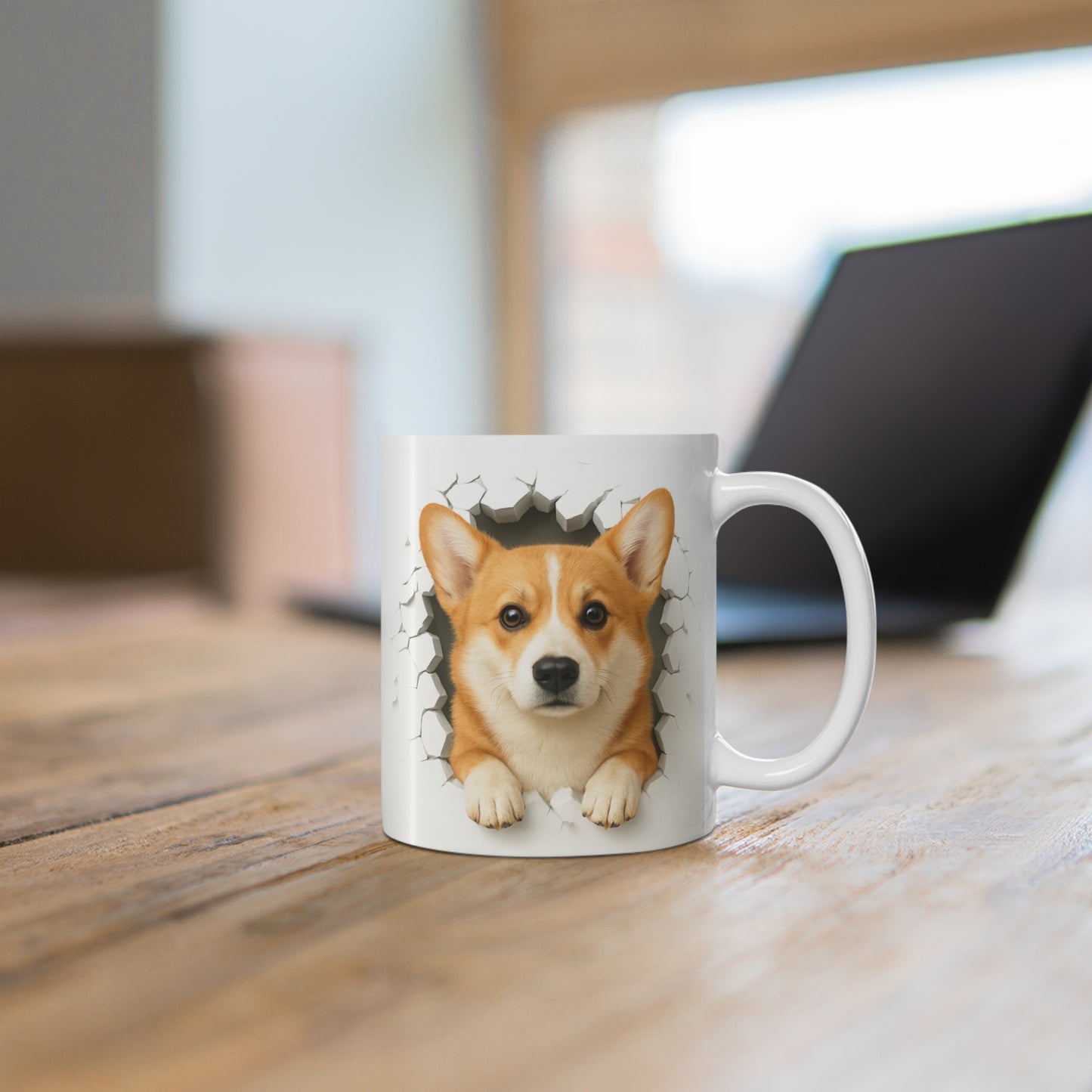 Mug Corgi Effet Mur Cassé – Tasse Chien 3D Trompe-l’œil – Cadeau Original Amoureux du Corgi