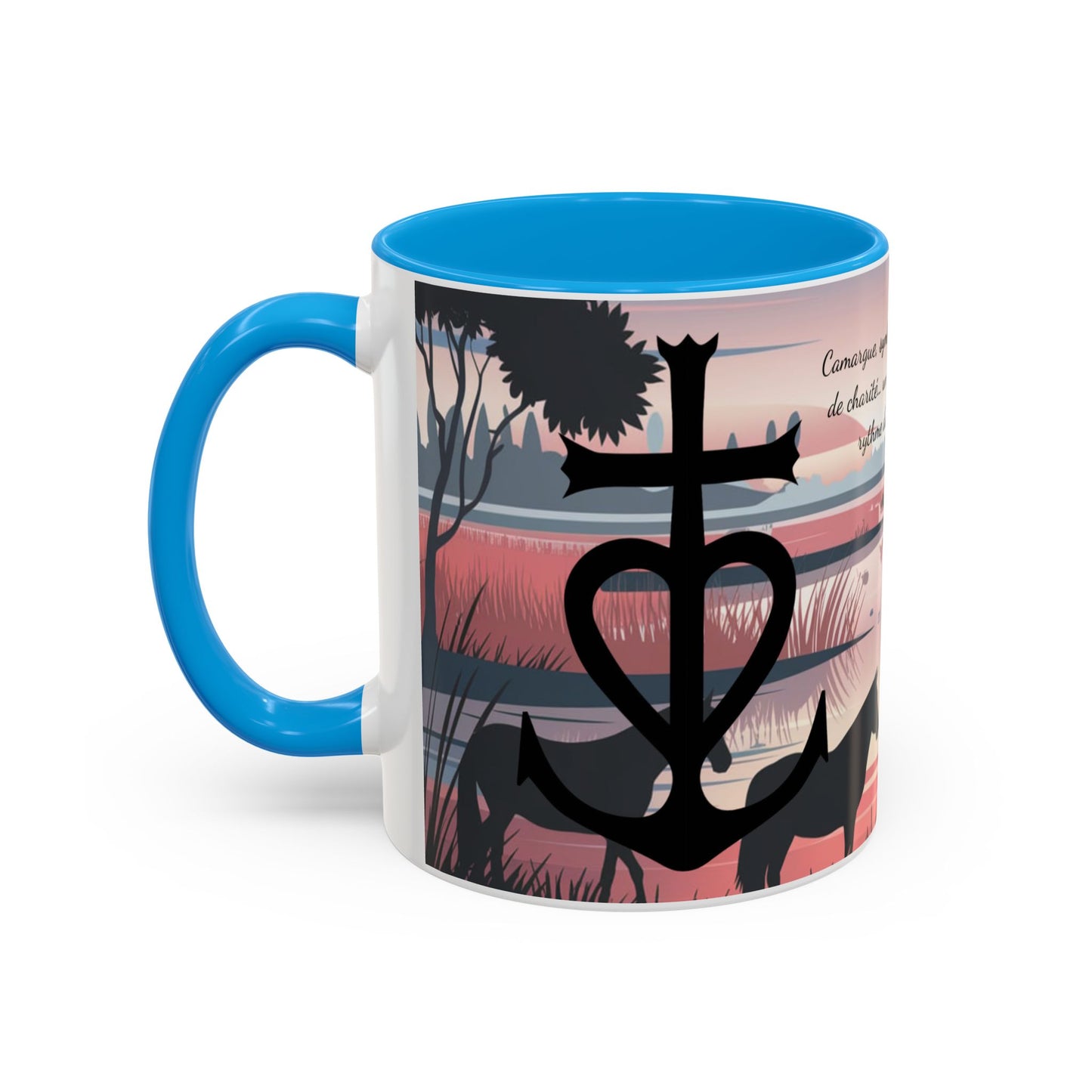 Mug Camargue Foi Espérance Charité – Tasse Croix Camarguaise Flamants Roses Chevaux – Cadeau Tradition Camarguaise 325ml