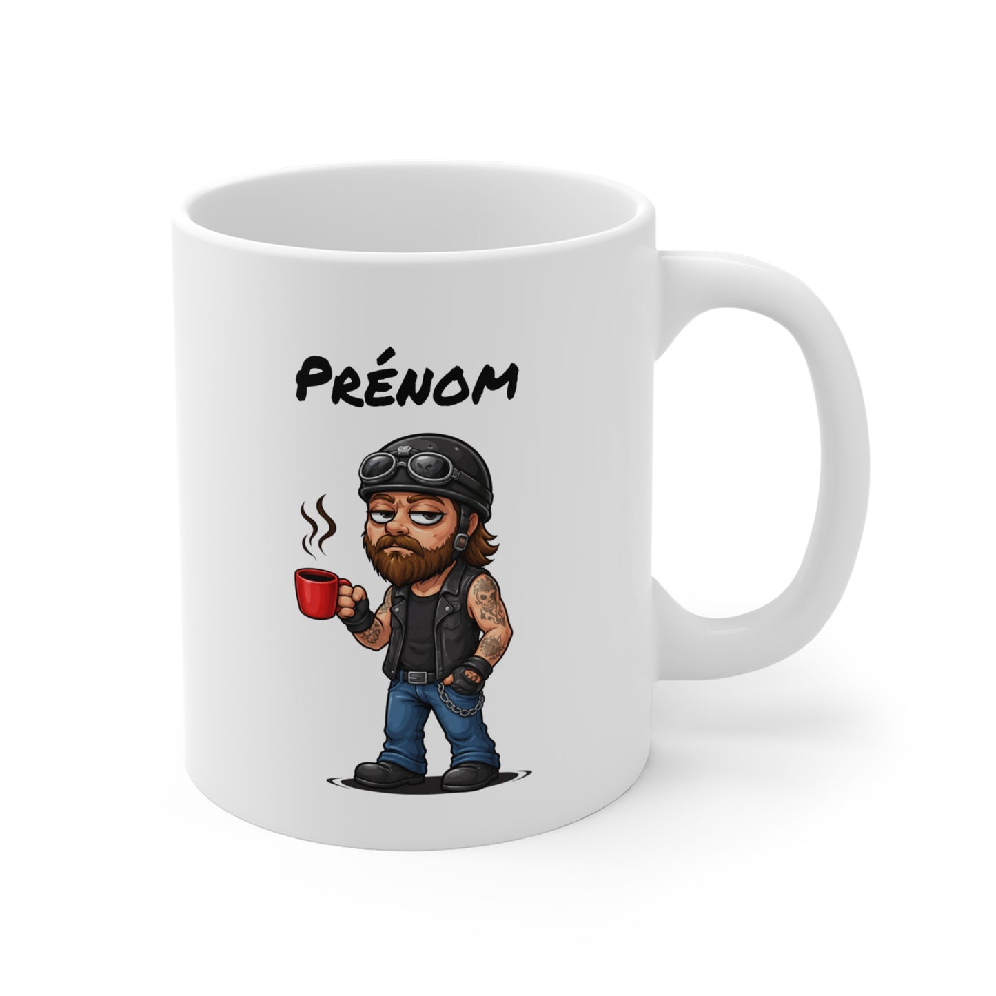 Tasse Motard Fatigué avec Café – Mug Biker Style Rock – Illustration Homme Barbu Casque Moto 325ml – Cadeau Original