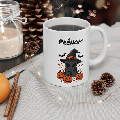 Tasse Personnalisable Alien Sorcier Halloween – Mug Prénom Citrouilles Signe Jul 325ml – Cadeau Original Geek