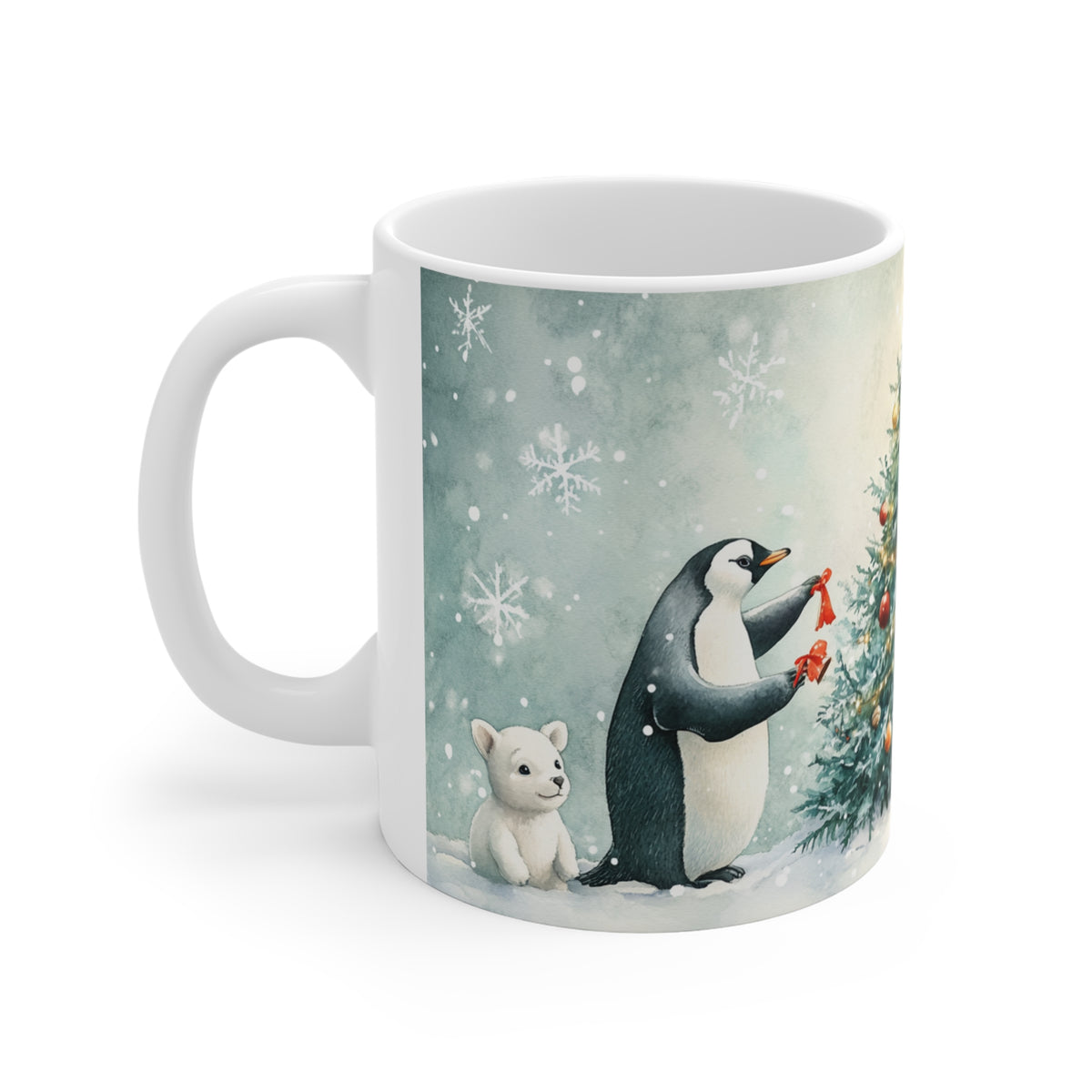 Mug Animaux de Noël autour du Sapin – Pingouin et Ours Polaires Style Aquarelle – Tasse Hiver Cadeau Noël Homme Femme