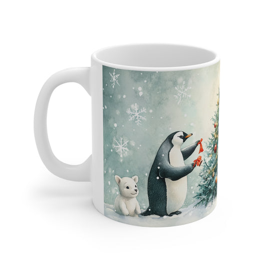 Mug Animaux de Noël autour du Sapin – Pingouin et Ours Polaires Style Aquarelle – Tasse Hiver Cadeau Noël Homme Femme