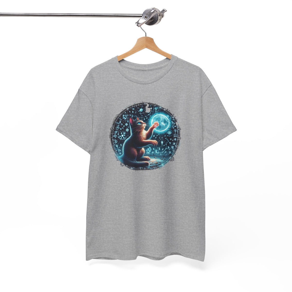Tee Shirt Chat Mystique Homme Femme – T-Shirt Chat Lune Magique – Univers Astral Ésotérique – Design Fantastique Bleu