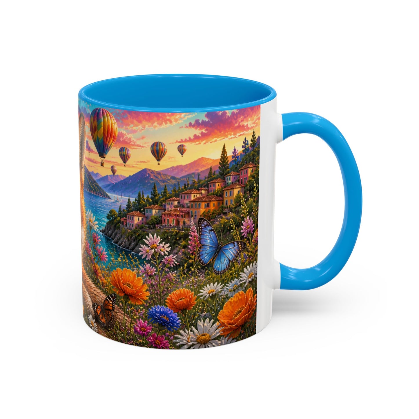 Tasse Renard et Fleurs Colorées – Mug Animal Nature et Montgolfières – Design Artistique Féérique – Céramique 325ml