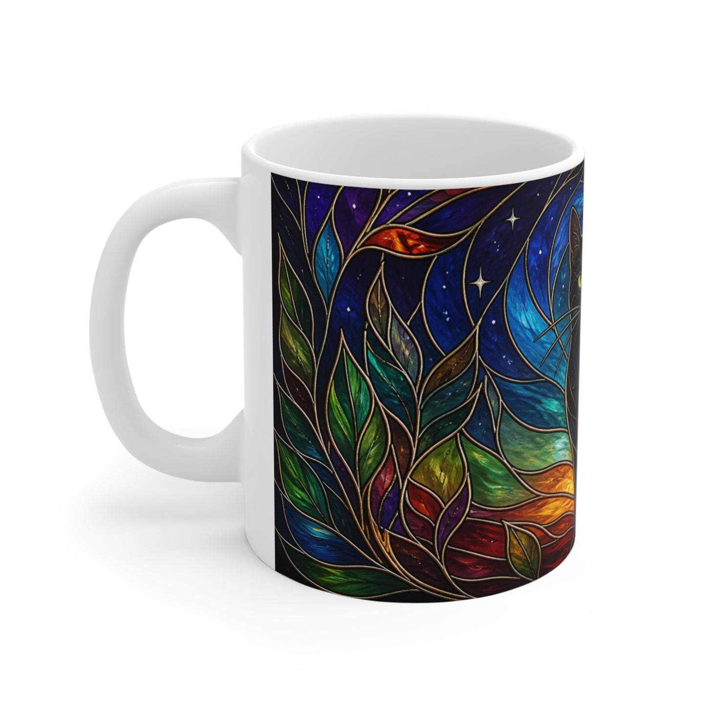 Tasse Chat Noir Mystique Vitrail – Mug Chat Lune Étoiles Art Fantastique Coloré Cadeau Homme Femme Enfant 325ml