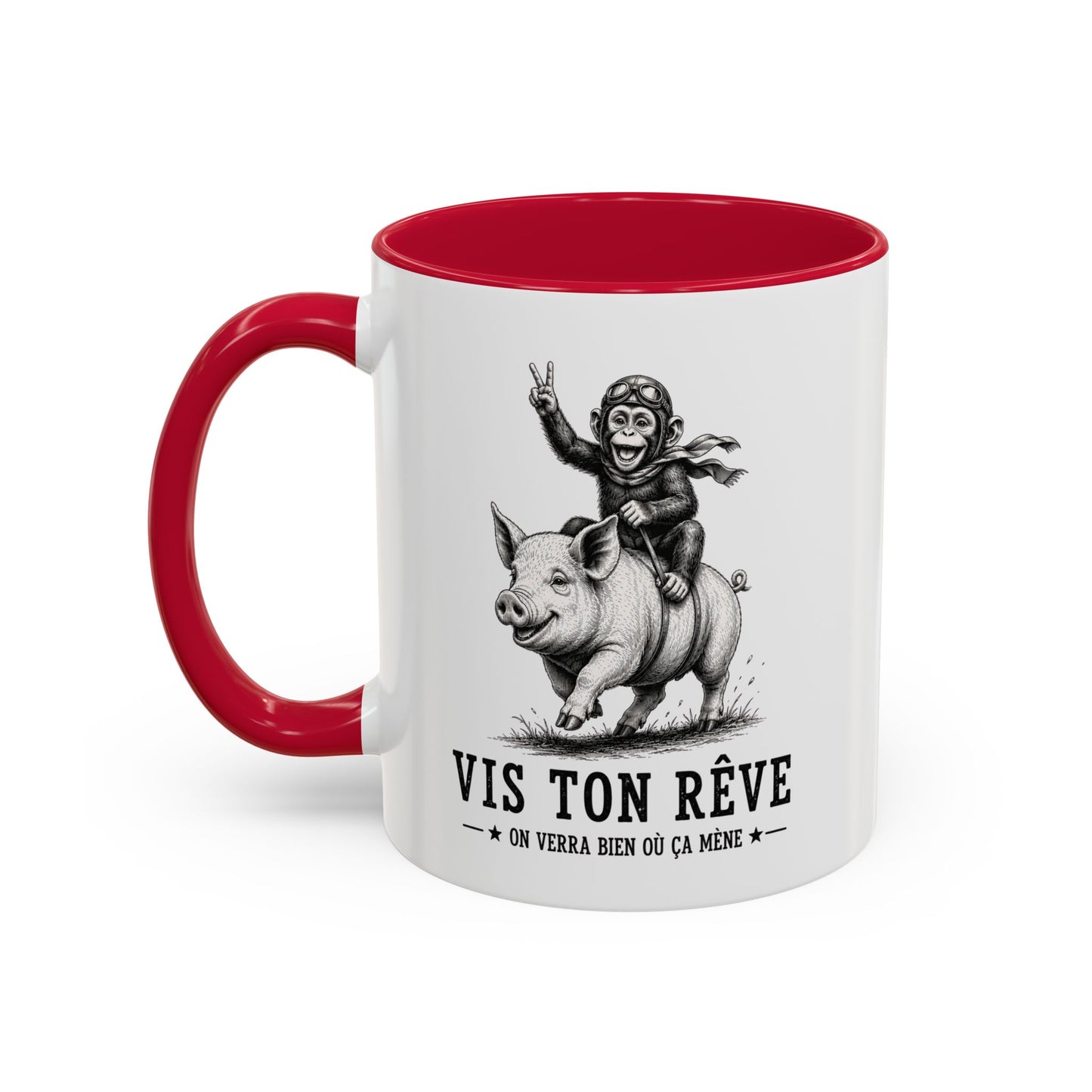 Tasse Vis Ton Rêve On Verra Bien Où Ça Mène – Mug Humour Singe Cochon Vintage – Cadeau Homme Femme 325 ml