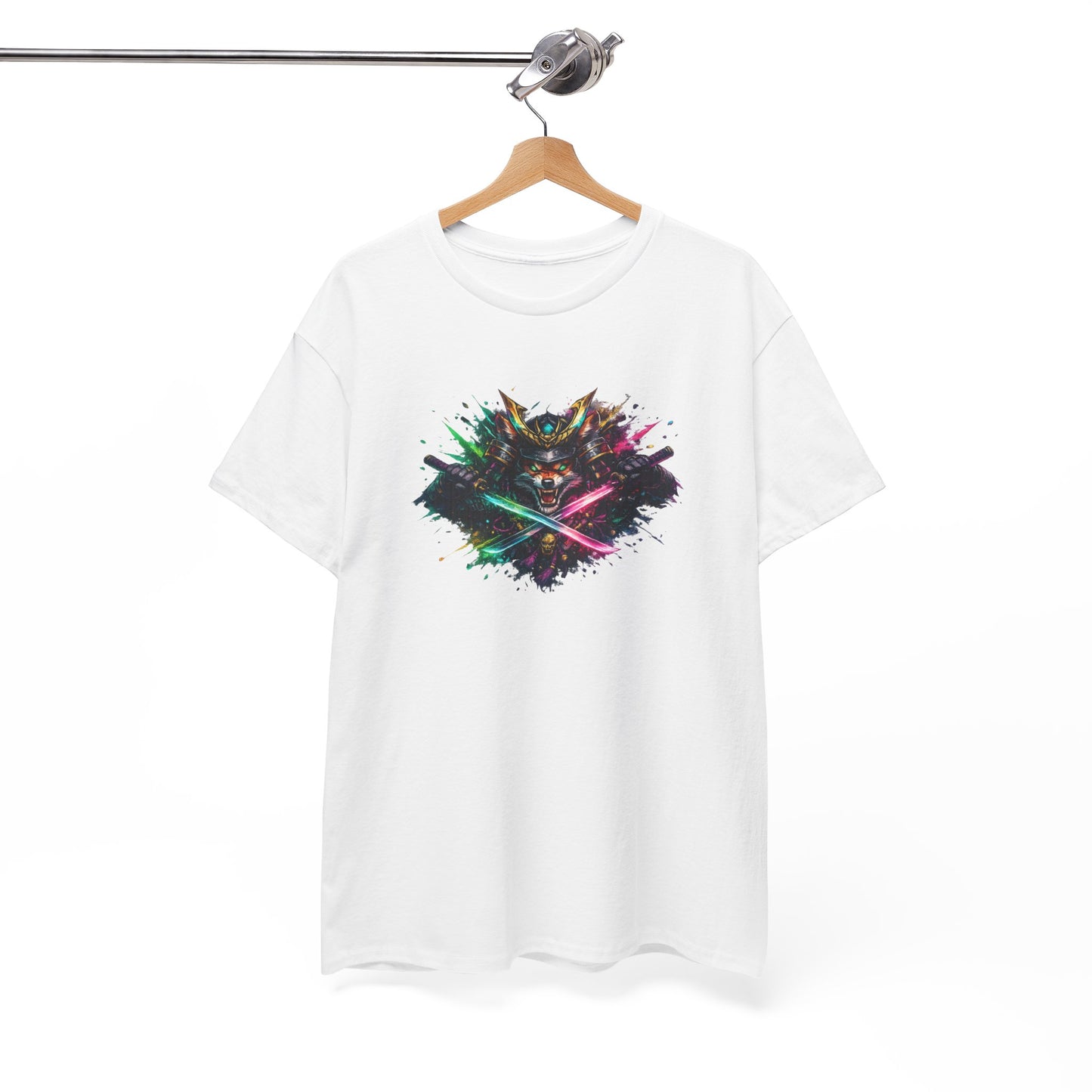T-Shirt Samouraï Renard Katana – Tee Shirt Japonais Streetwear Néon – Cadeau Manga Anime Gamer