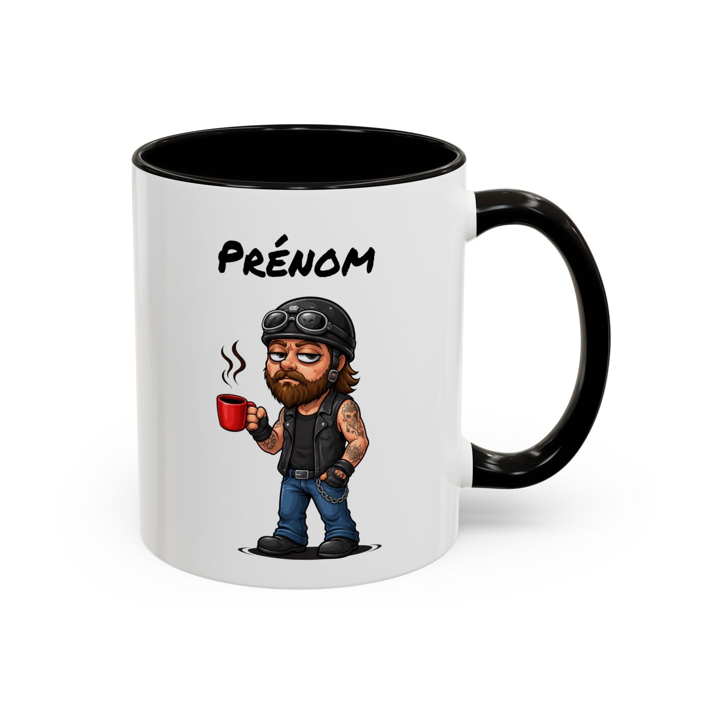 Tasse Motard Fatigué avec Café – Mug Biker Style Rock – Illustration Homme Barbu Casque Moto 325ml