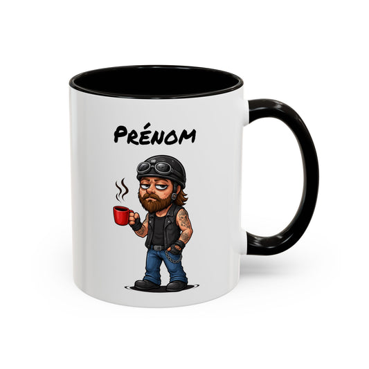 Tasse Motard Fatigué avec Café – Mug Biker Style Rock – Illustration Homme Barbu Casque Moto 325ml