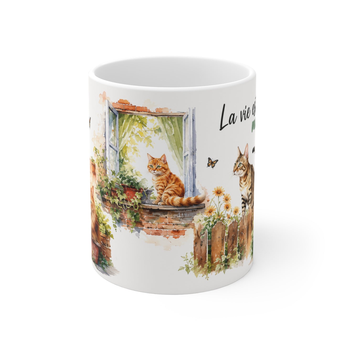 Tasse La Vie Est Meilleure Avec Des Chats – Mug Chat Vintage Aquarelle – Cadeau Femme Homme Amoureux des Chats 325ml