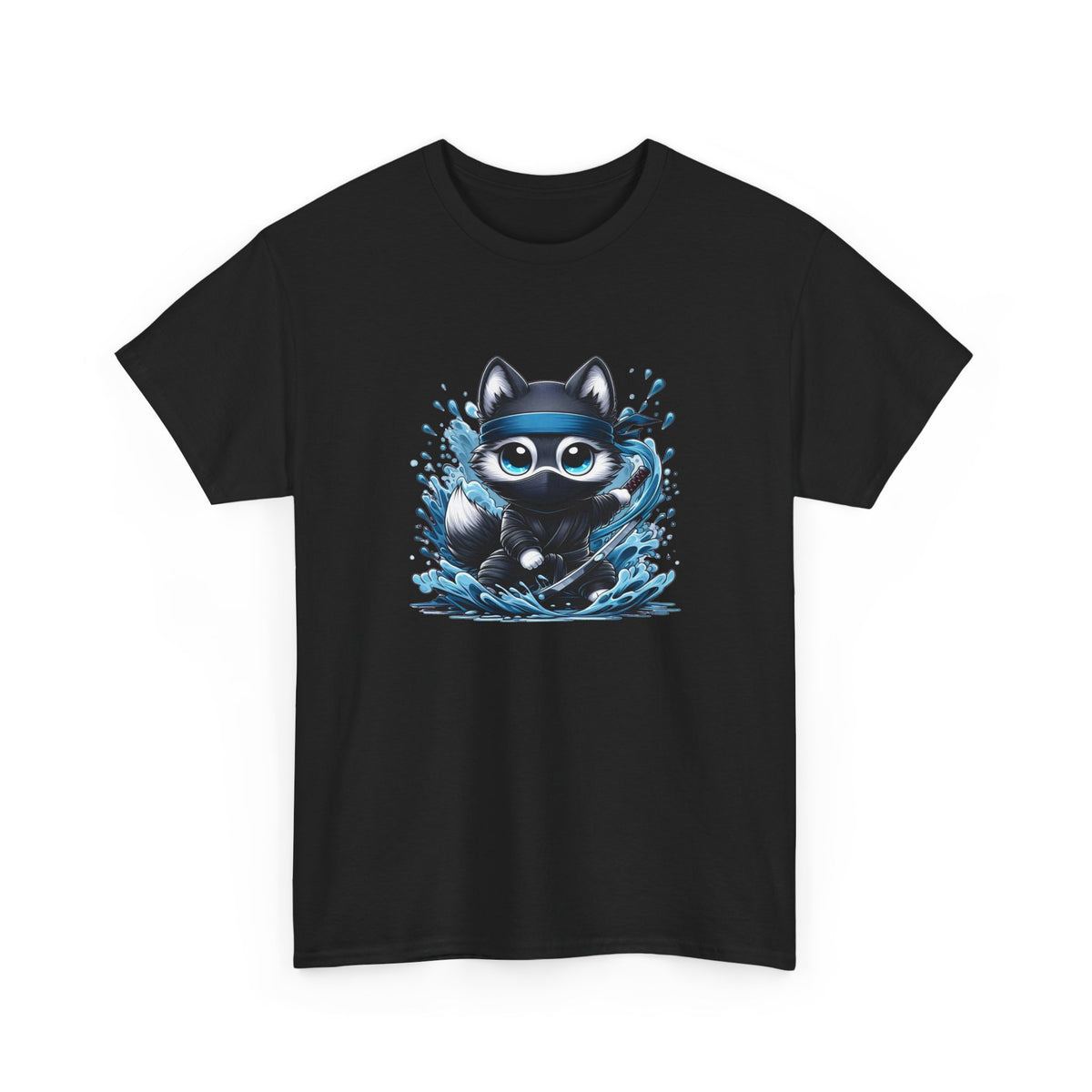 Tee Shirt Renard Ninja Homme Femme – T-Shirt Renard Samouraï Katana – Design Japonais Vagues Bleues