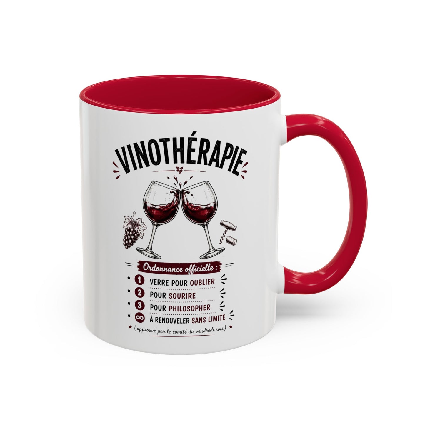 Mug Vinothérapie Drôle – Tasse Humour Vin Rouge et Apéro – Cadeau Original Amateur de Vin – Céramique 325ml Noir Bleu Rouge