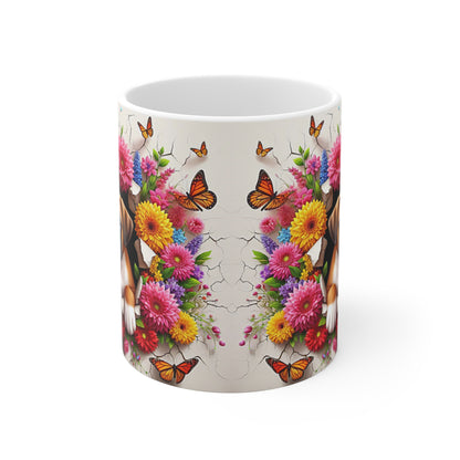 Tasse Céramique Chiot Boxer et Fleurs – Mug Chien Mignon Papillons – Cadeau Animaux Bohème 325ml
