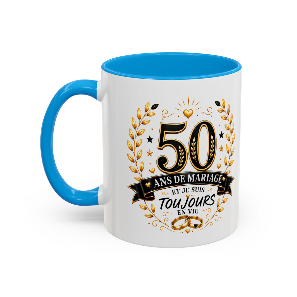 Mug 50 Ans de Mariage et Je Suis Toujours en Vie – Tasse Humoristique Anniversaire de Mariage – Idée Cadeau Couple Noces d’Or noir bleu rouge
