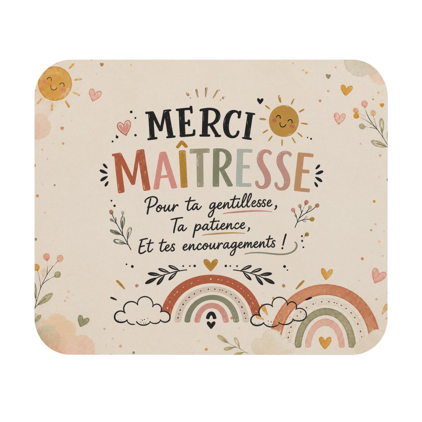 Tapis de Souris 22x18cm Merci Maîtresse – Cadeau de Fin d’Année Scolaire – Gentillesse Patience et Encouragements