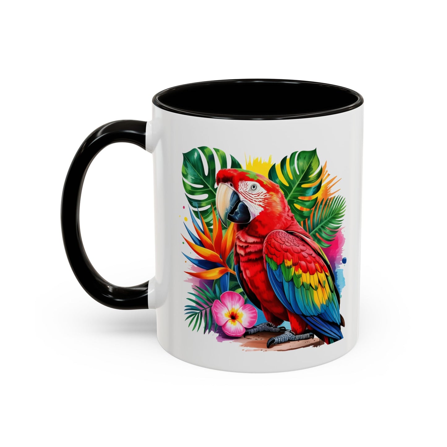 Mug Perroquet Ara Rouge – Tasse Tropicale avec Feuilles Exotiques et Fleurs – Cadeau Nature 325ml