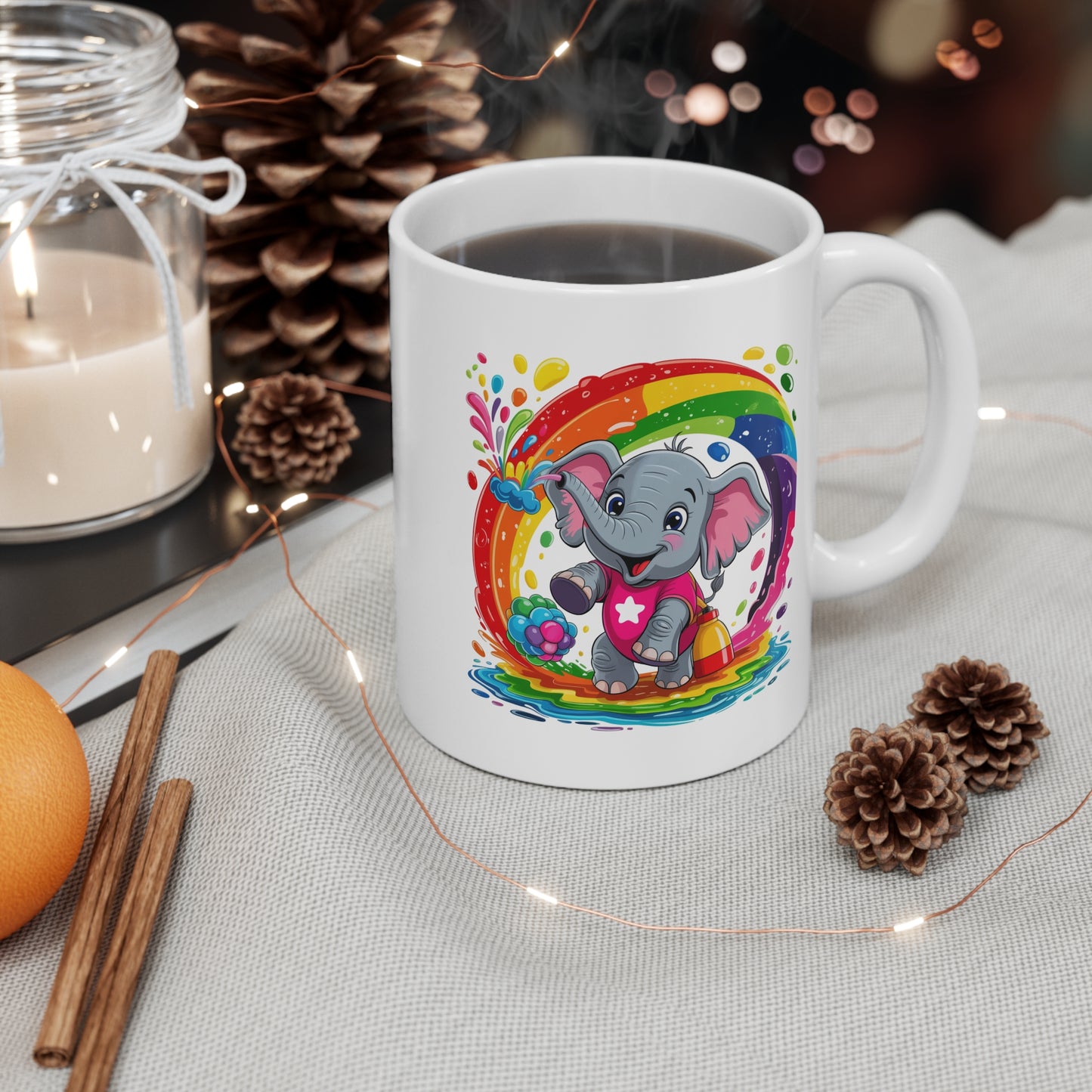 Mug Éléphant Kawaii Arc-en-Ciel – Tasse Éléphant Colorée et Fantaisie – Design Animal Mignon avec Rainbow – Cadeau Original pour Enfants et Amateurs de Kawaii – Céramique 325ml