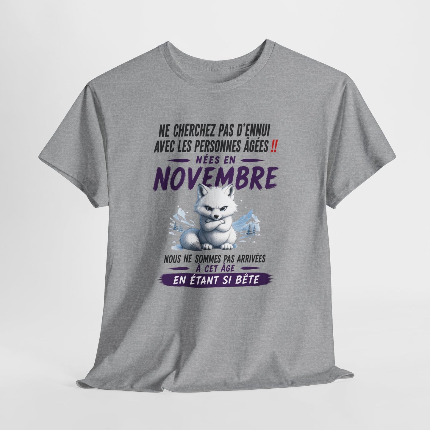 Tee-Shirt Né en Novembre Humour Senior – Cadeau Retraité Homme Femme – Renard Polaire Drôle Anniversaire Personne Âgée