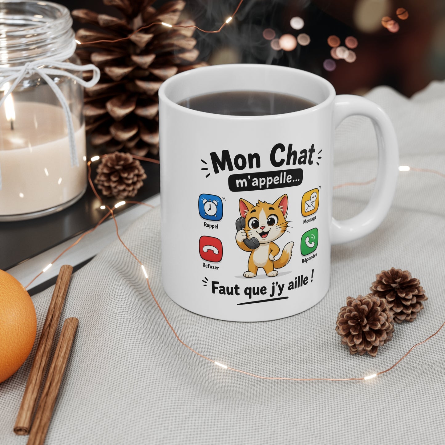 Tasse Mon Chat M’Appelle Faut Que J’y Aille – Mug Humour Chat Téléphone – Cadeau Homme Femme 325ml