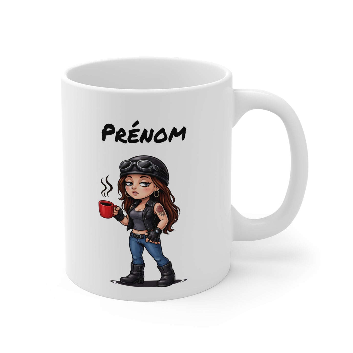 Tasse Motarde avec Café – Mug Femme Biker Style Rock – Illustration Motarde Casque Moto 325ml – Cadeau Original Femme
