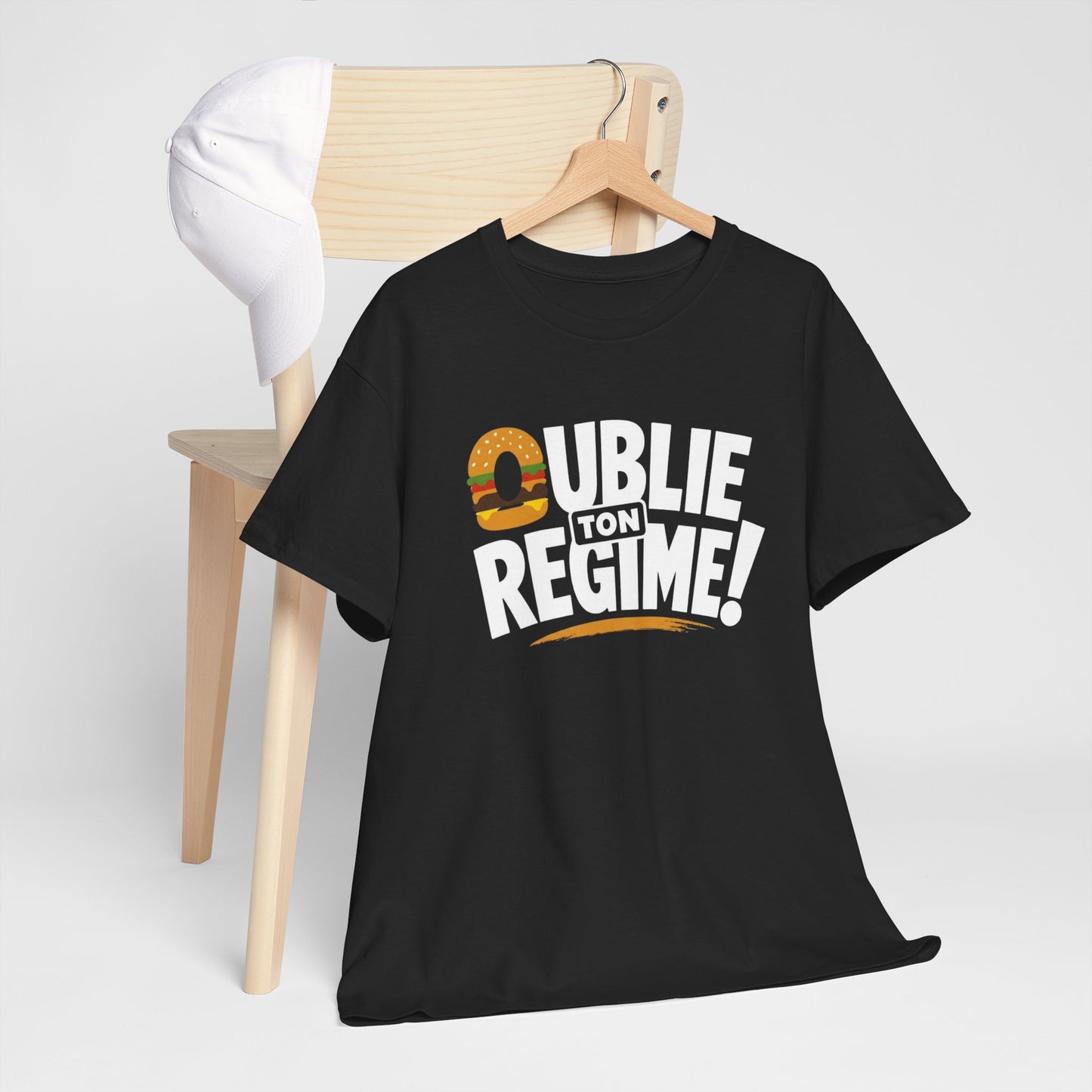 T-Shirt Oublie Ton Régime Homme Femme – Tee Shirt Humour Burger – Cadeau Gourmand Drôle Noir Blanc Gris