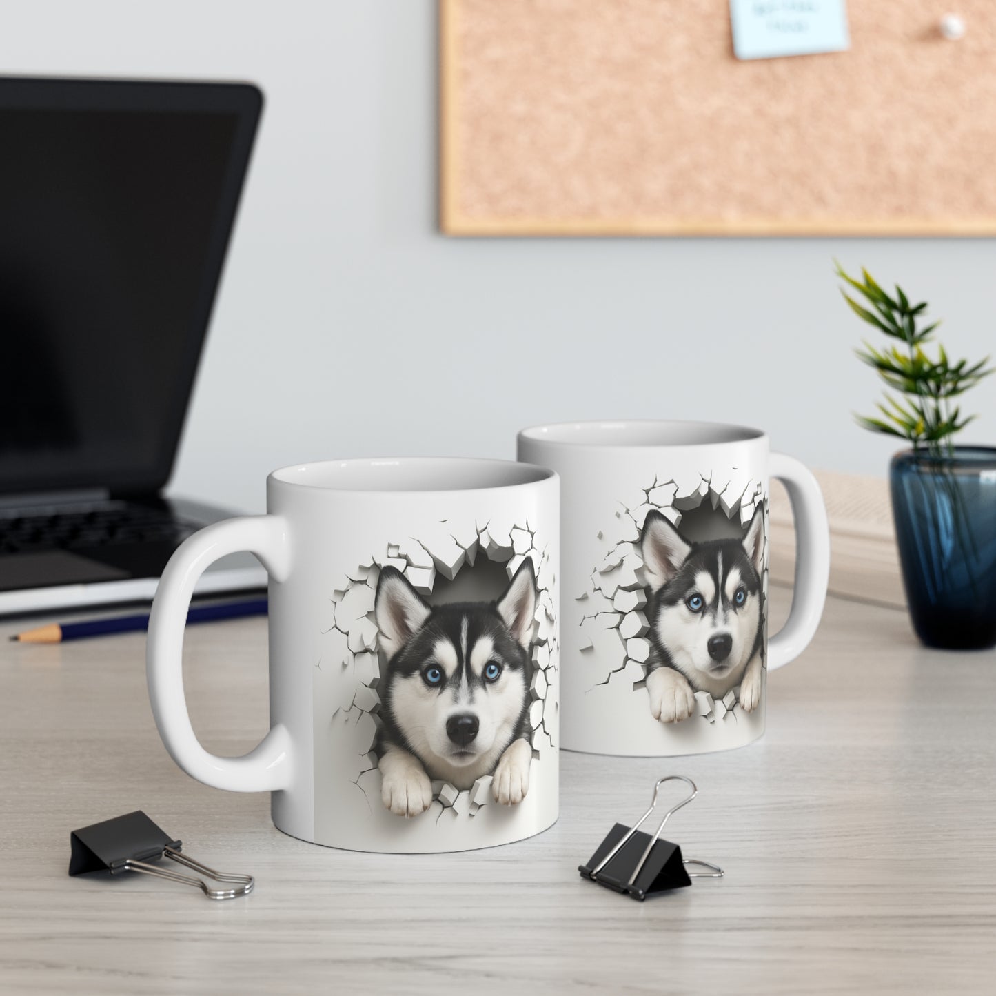 Mug Husky Sibérien Effet Mur Cassé – Tasse Chien 3D Trompe-l’œil – Cadeau Original Amoureux du Husky