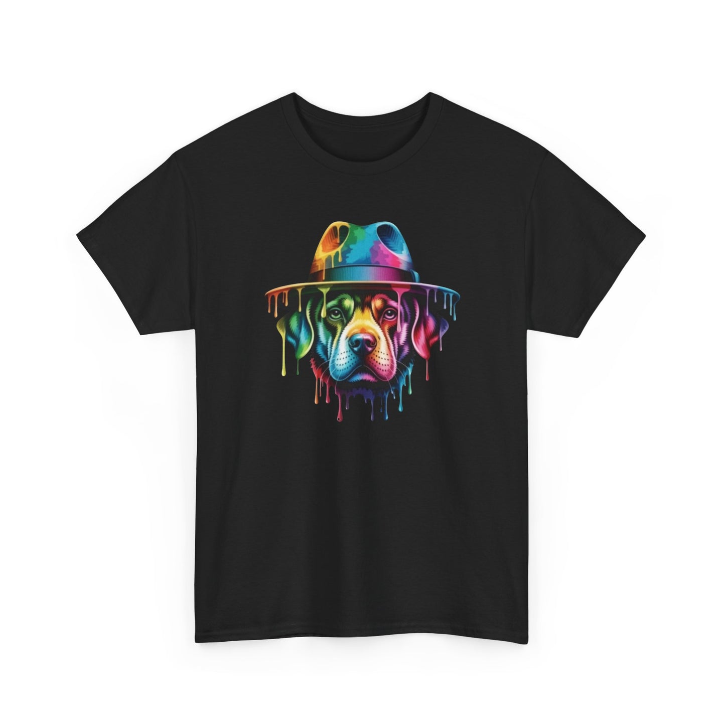 T-Shirt Chien Coloré avec Chapeau – Tee Shirt Art Urbain Peinture Dripping – Cadeau Original Style Streetwear Noir Blanc Gris