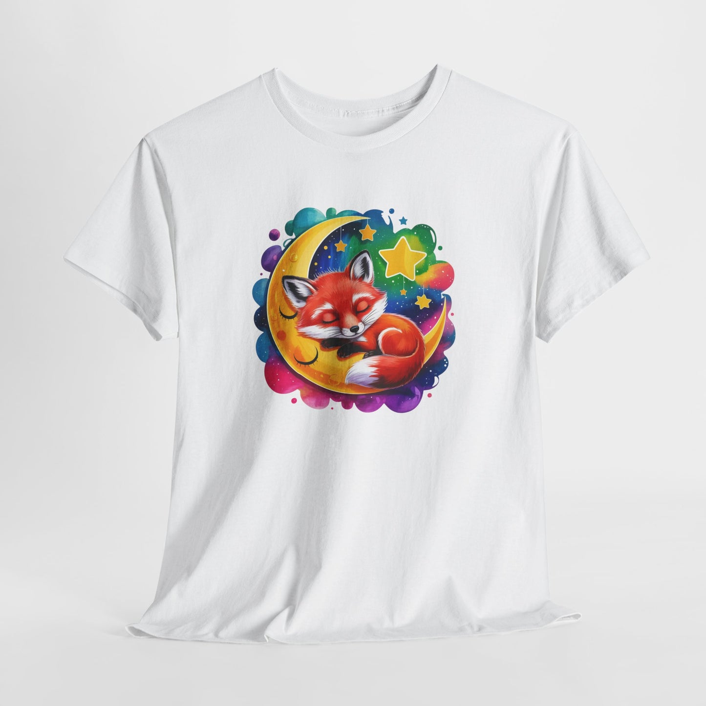 T-Shirt Renard Mignon Dormant sur Lune – Tee Shirt Nuit Étoilée Fantaisie – Cadeau Animal Cute Rêve Noir Blanc Gris