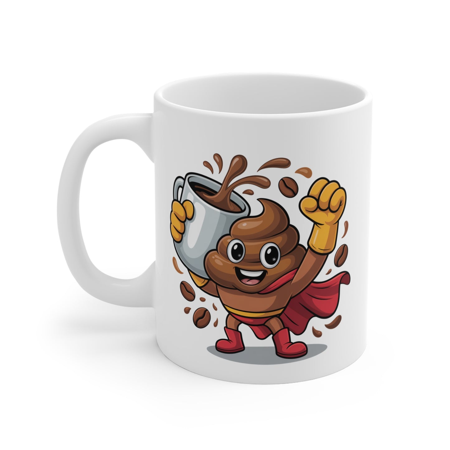 Mug Super Caca Café – Tasse Humoristique Héros Marron avec Cape Rouge – Cadeau Drôle Original