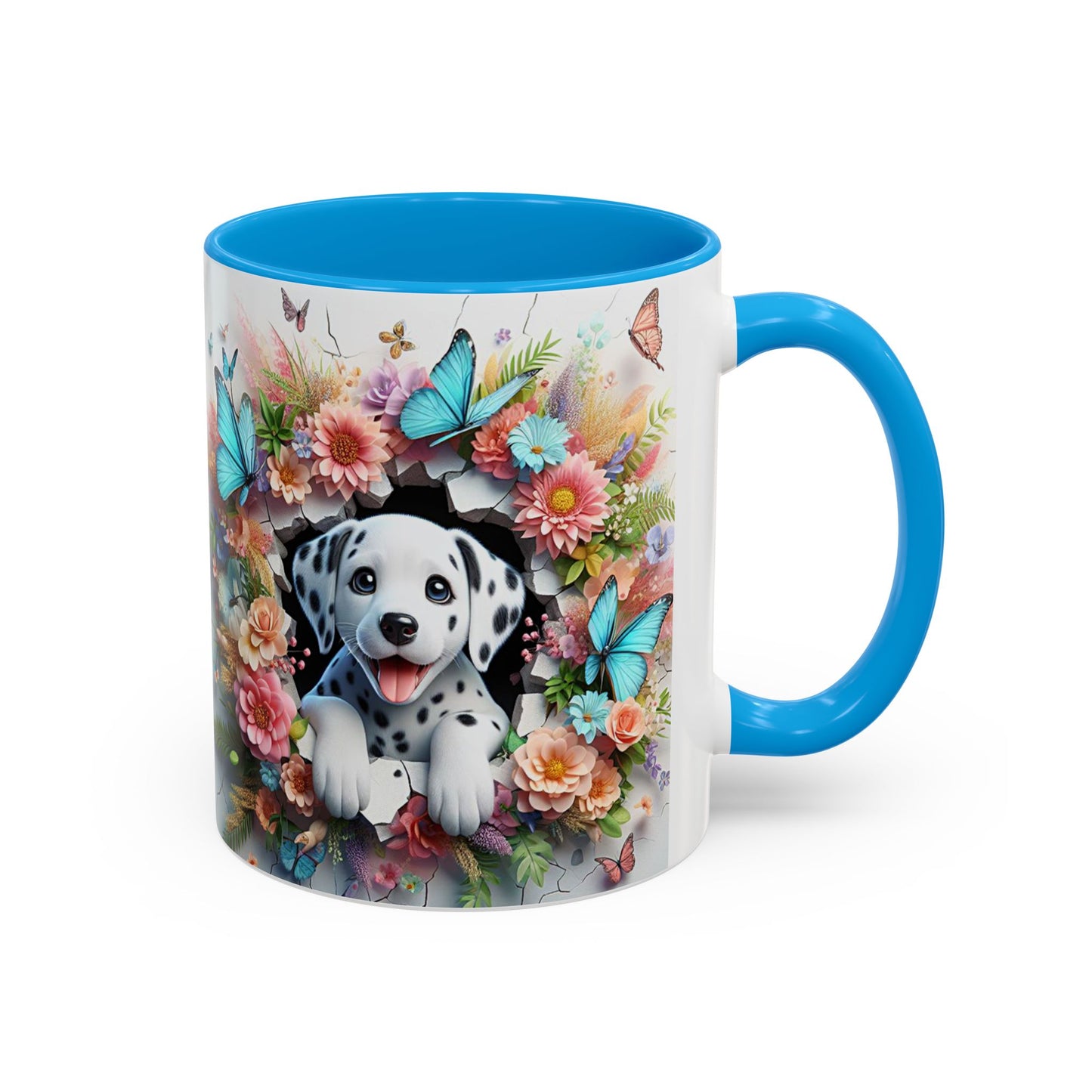 Mug Dalmatien Kawaii – Tasse Chiot Dalmatien avec Fleurs Pastel et Papillons Bleus – Cadeau Amoureux des Chiens 325ml