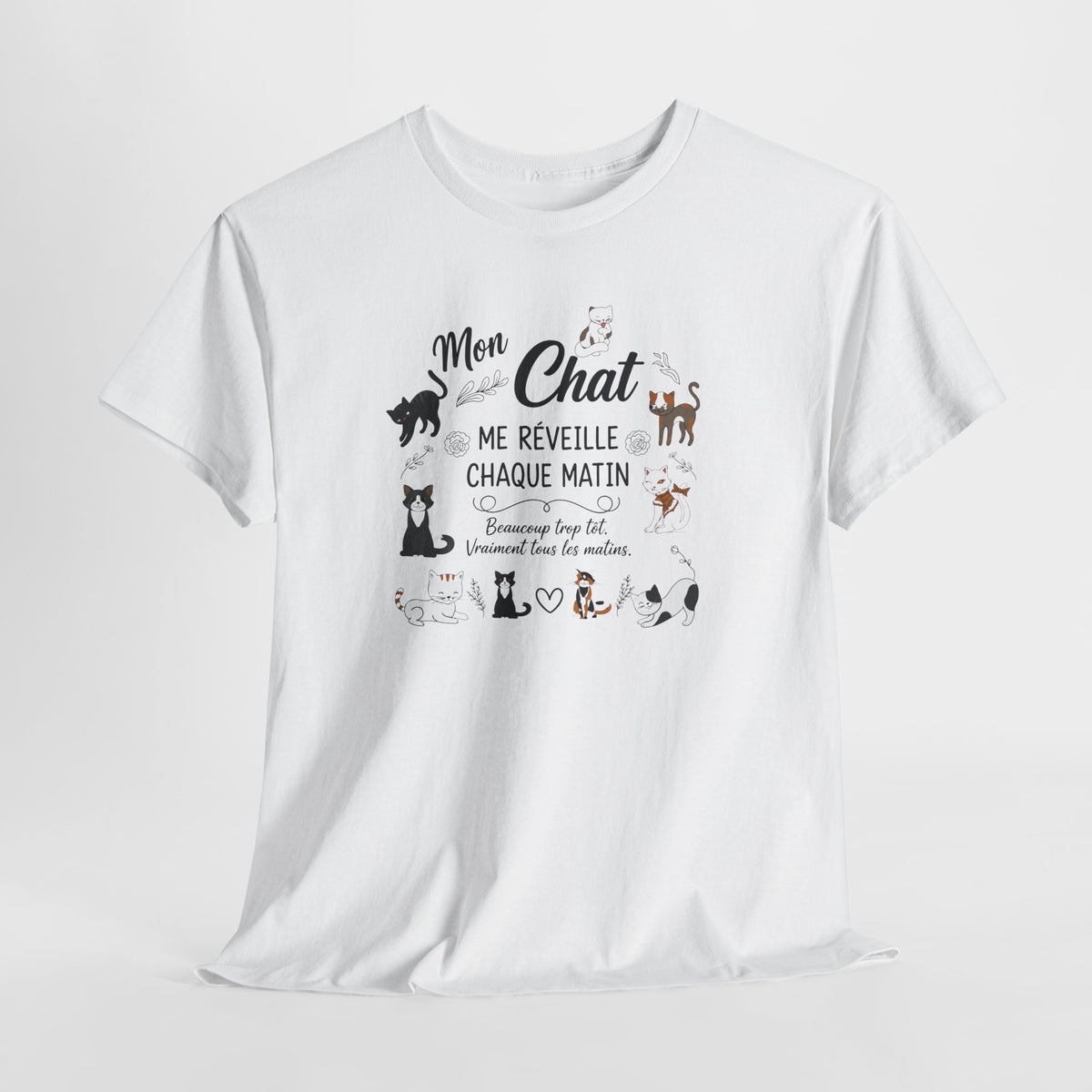 Tee Shirt Chat Homme Femme – Humour Réveil Matin et Fatigue – Idée Cadeau Amoureux des Chats Propriétaire de Félin