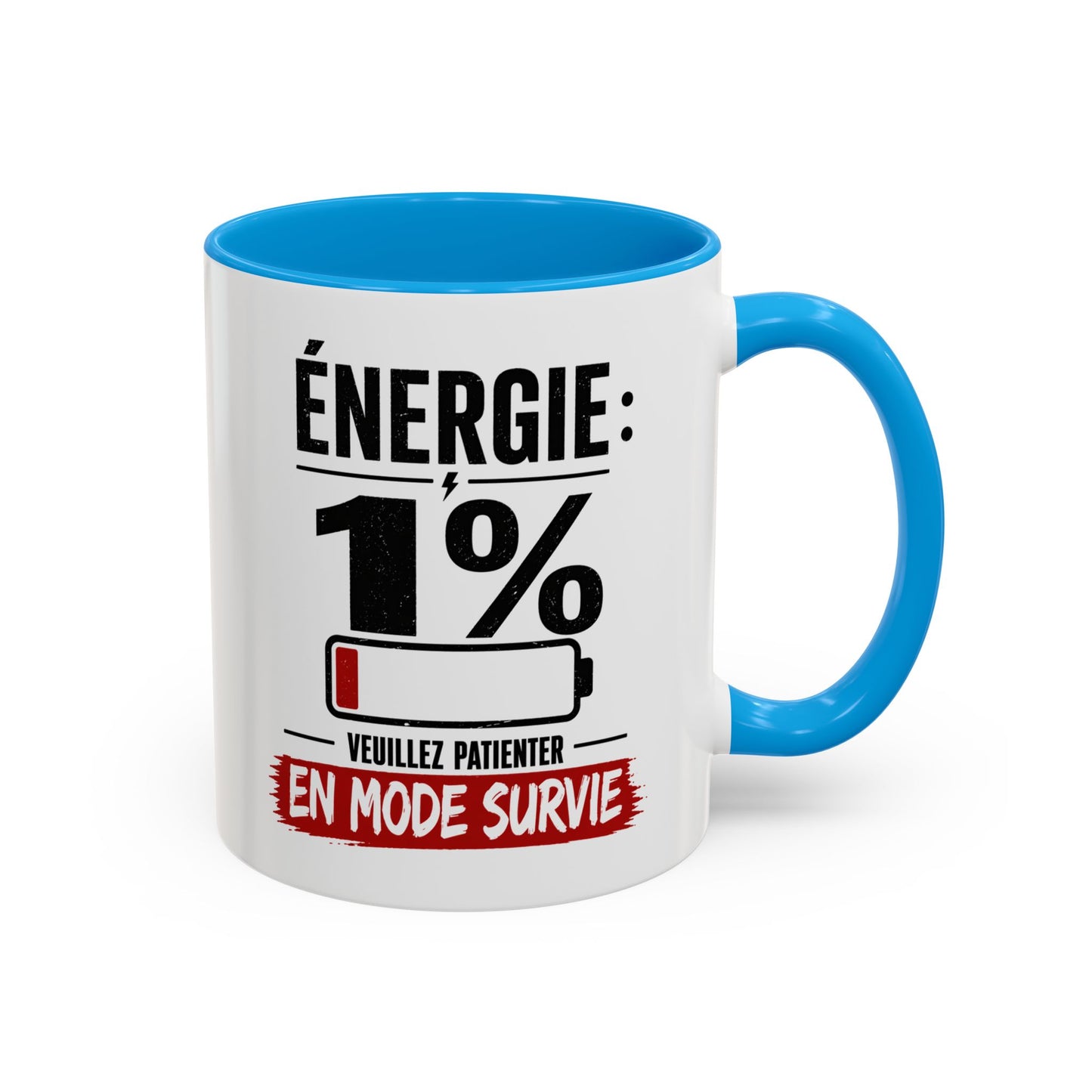 Mug Drôle Fatigue et Travail – Énergie 1% En Mode Survie – Cadeau Humour Bureau Café 325ml