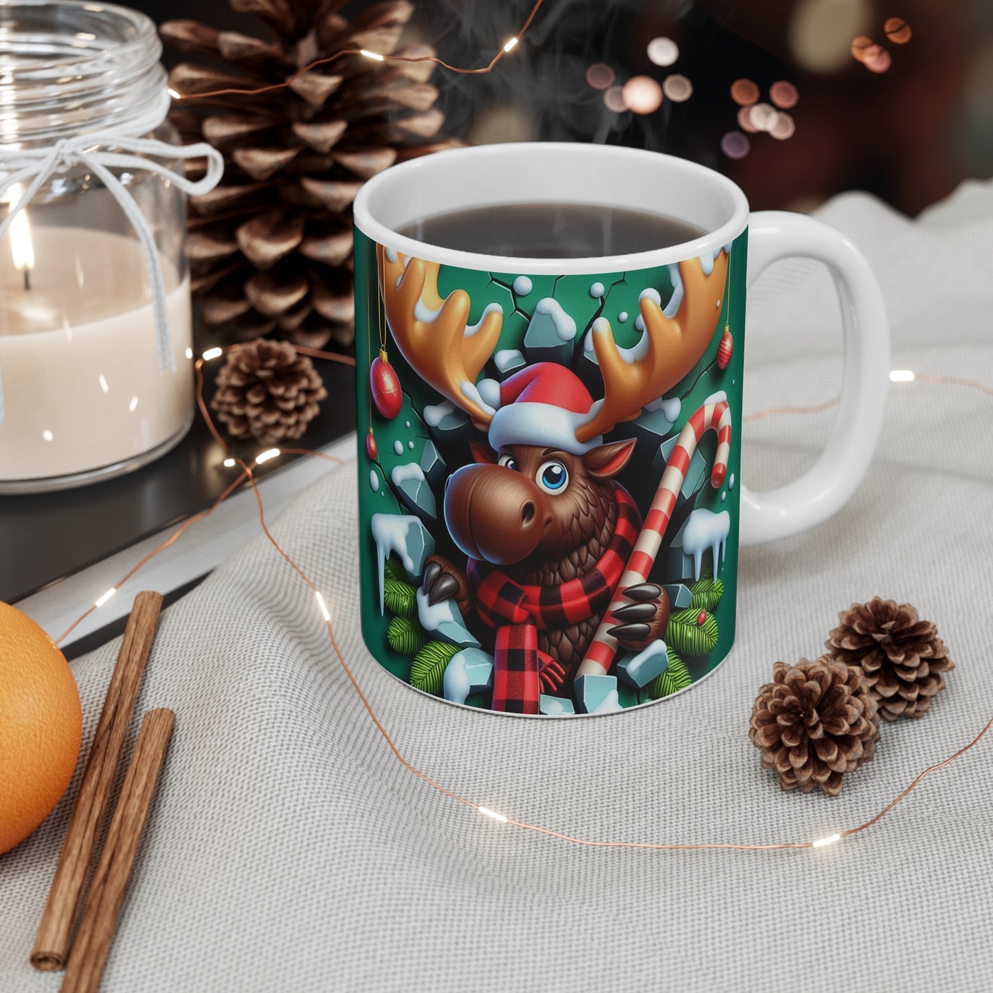 Tasse Élan de Noël – Mug Hiver Festif Sucre d’Orge & Bonnet Rouge – Cadeau Original 325ml