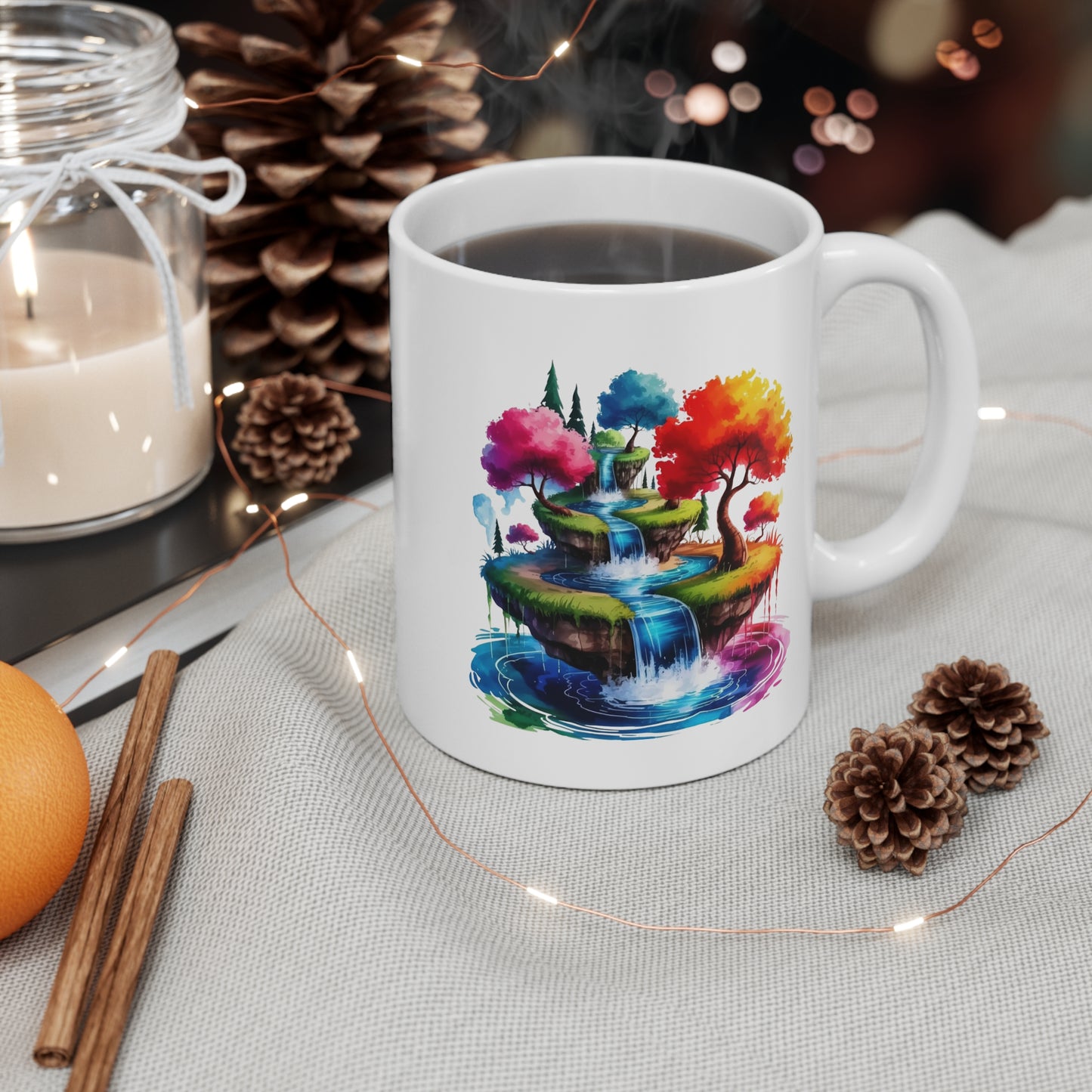 Mug Paysage Fantastique avec Cascades et Arbres Arc-en-Ciel – Tasse Nature Féérique et Colorée – Design Fantasy Relaxant – Cadeau Original pour Amoureux de la Nature et des Mondes Magiques – Céramique...