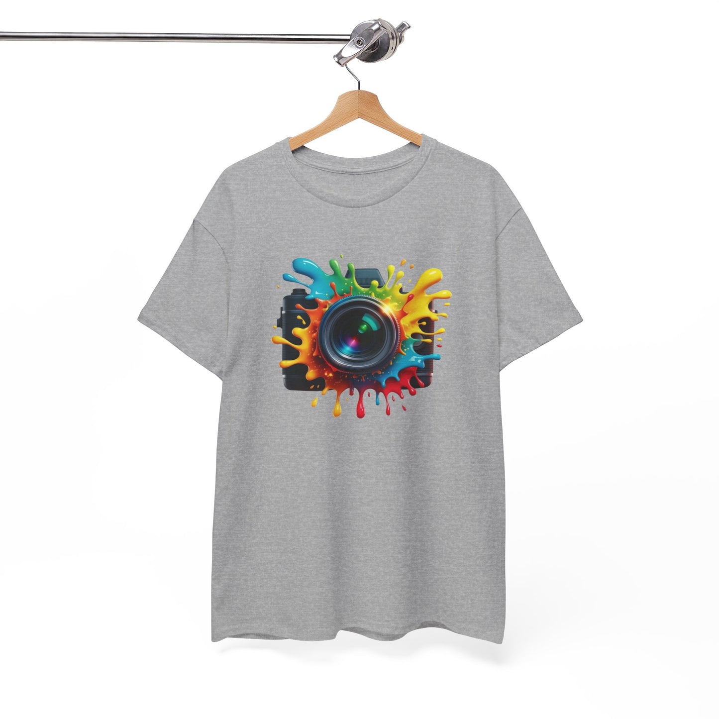 T-Shirt Photographie Appareil Photo Coloré – Tee Shirt Camera Splash Art – Cadeau Photographe Original Noir Blanc Gris