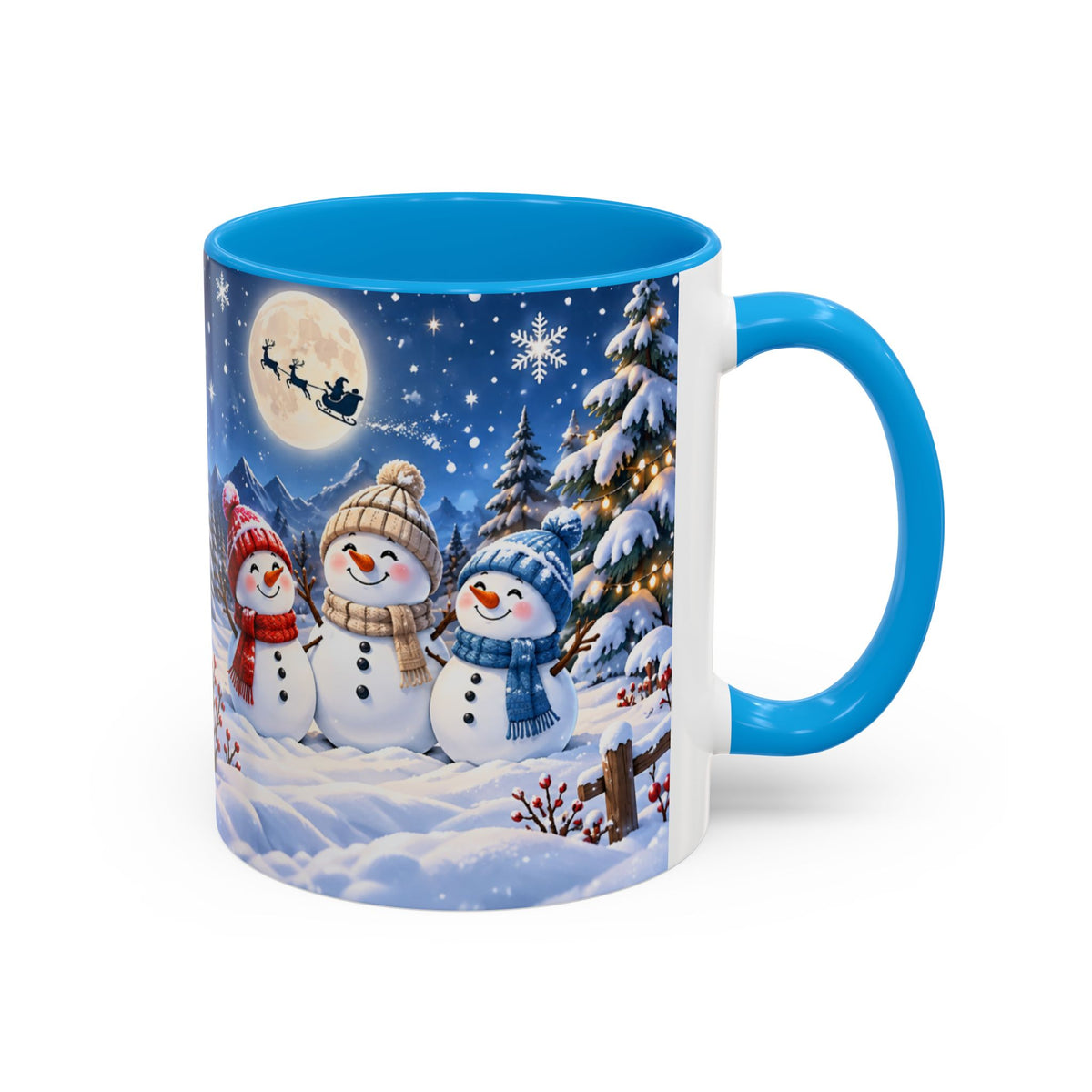 Mug Bonhommes de Neige de Noël – Tasse Hiver avec Sapins Enneigés, Lune et Traîneau du Père Noël – Cadeau Original Homme Femme
