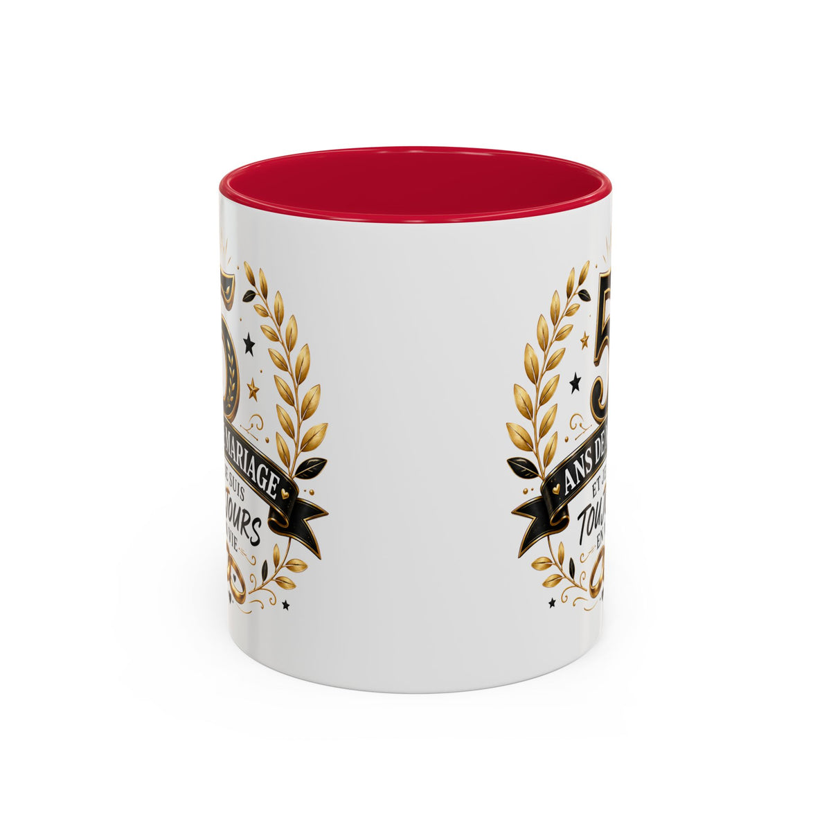 Mug 5 Ans de Mariage et Je Suis Toujours en Vie – Tasse Humoristique Anniversaire de Mariage – Idée Cadeau Couple Noces de Bois noir bleu rouge