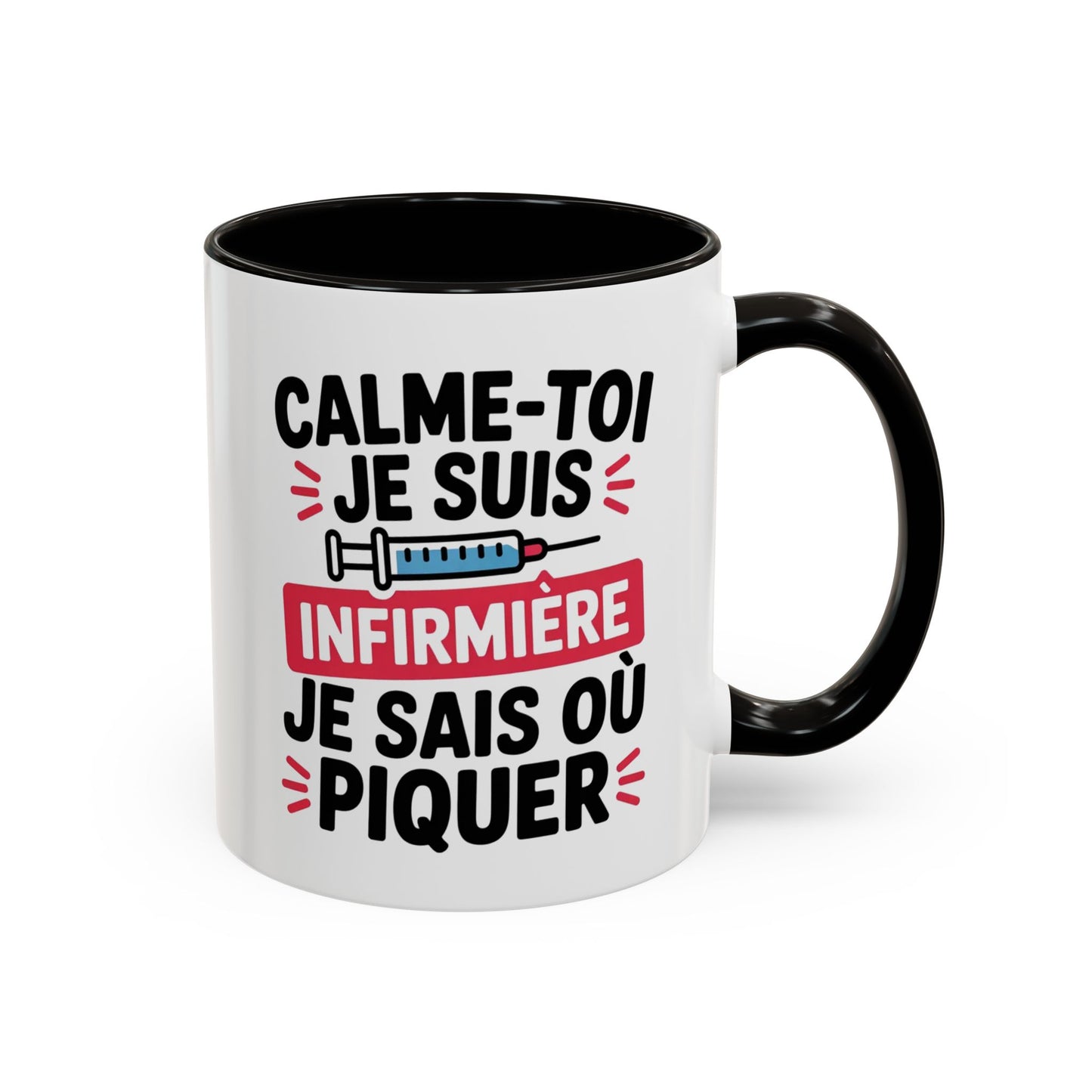 Tasse Infirmière Drôle “Calme-toi je suis infirmière je sais où piquer” – Mug Humour Métier Cadeau Collègue