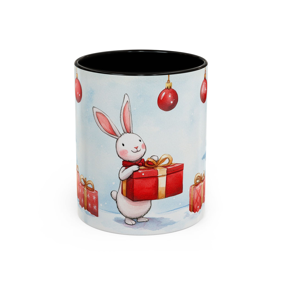 Mug Lapin de Noël avec Cadeaux – Tasse Hiver Sapins Enneigés Style Aquarelle – Cadeau de Noël Homme Femme noir bleu rouge