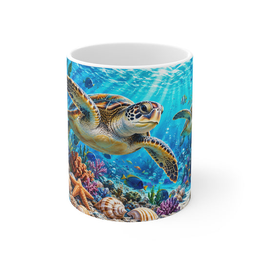 Mug Tortues Marines et Fonds Marins Colorés – Tasse Océan avec Poissons Tropicaux, Coraux et Coquillages – Cadeau Original Amoureux de la Mer