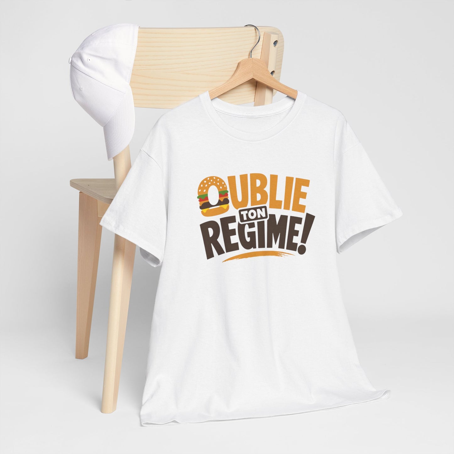 T-Shirt Oublie Ton Régime Homme Femme – Tee Shirt Humour Burger – Cadeau Gourmand Drôle Noir Blanc Gris