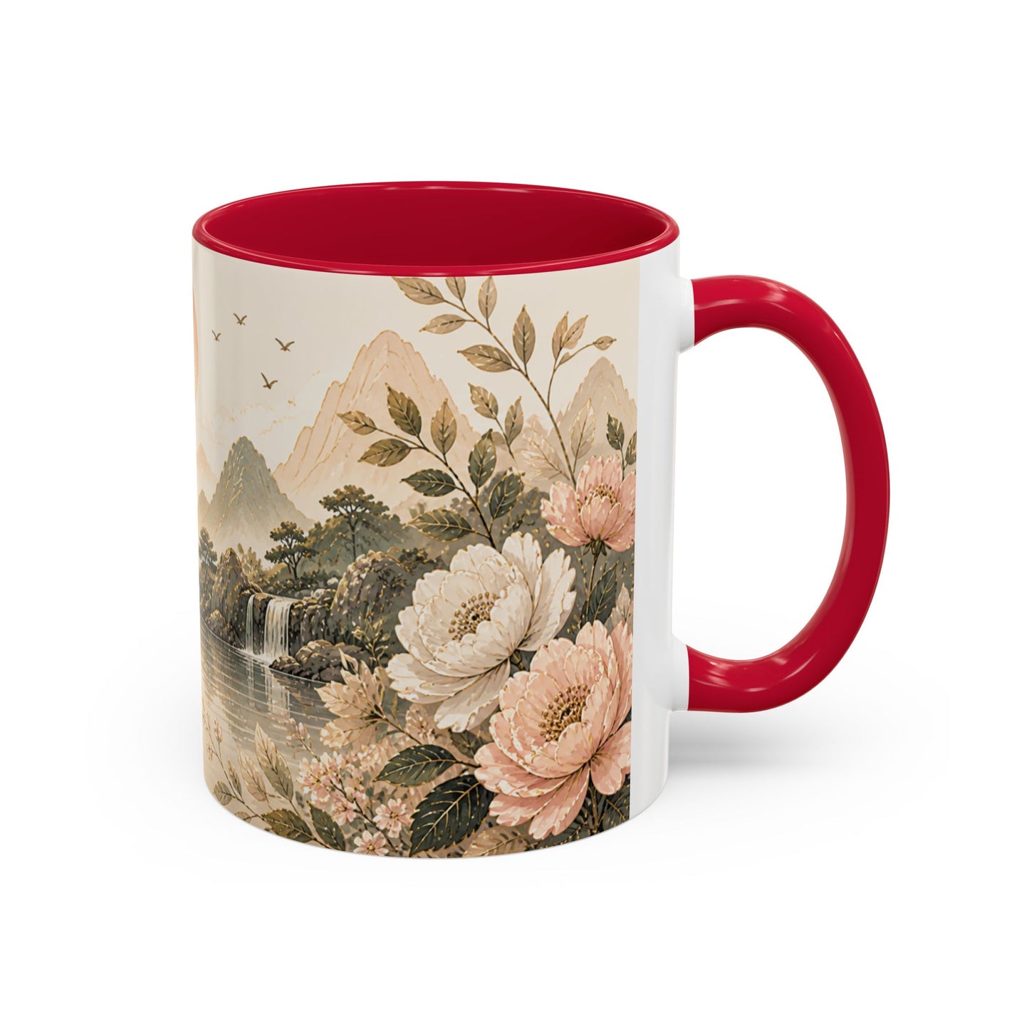 Tasse Paysage Japonais Zen – Mug Floral Beige avec Montagnes, Rivière et Ambiance Asiatique Apaisante 325ml