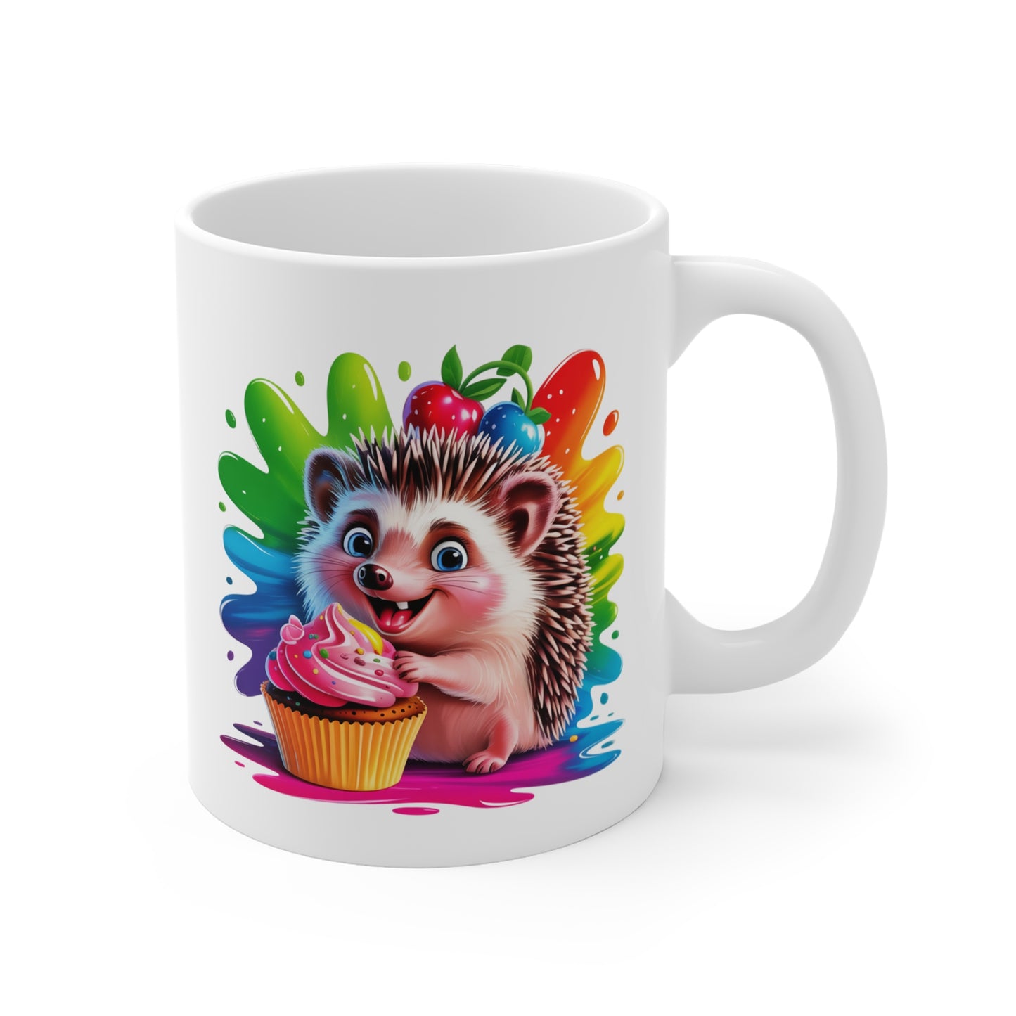 Tasse Hérisson Mignon avec Cupcake – Mug Animal Kawaii Coloré – Design Gourmand Bonbons Arc-en-ciel – Cadeau Fun et Sucré 325ml
