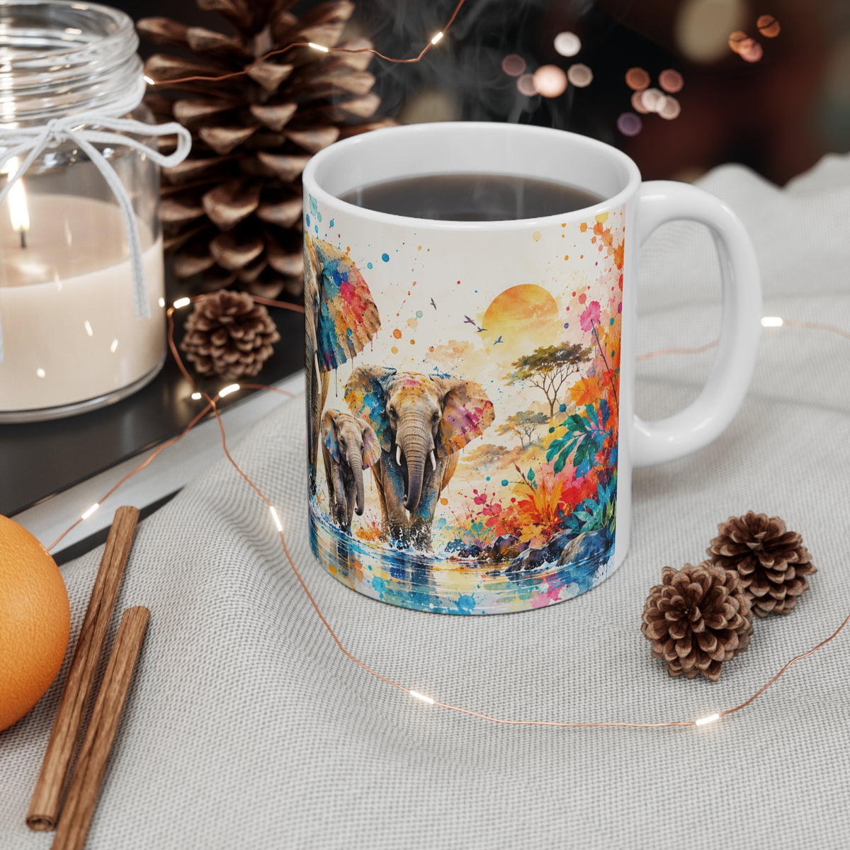 Mug Famille d’Éléphants Colorés – Tasse Style Aquarelle Afrique Savane – Cadeau Original Amoureux des Animaux