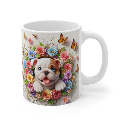 Tasse Céramique Bulldog et Fleurs – Mug Chien Mignon Papillons – Cadeau Animaux Bohème 325ml