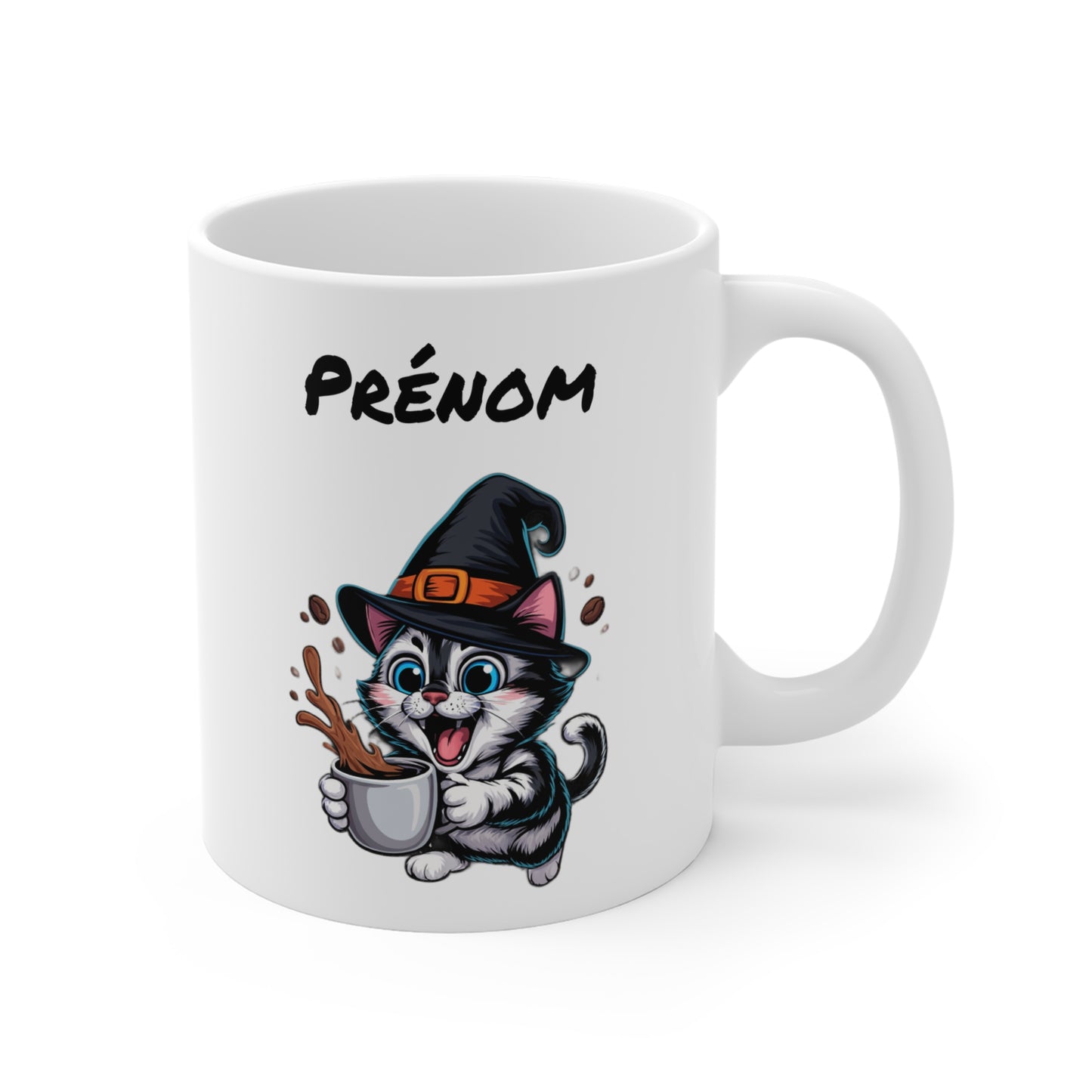 Mug Personnalisé Chat Sorcier Halloween 325ml – Tasse Céramique Prénom Chat Noir et Café – Cadeau Original Fête d’Halloween
