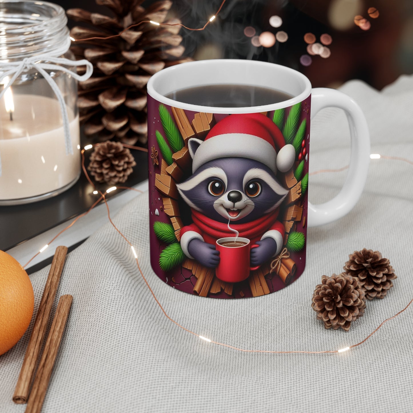 Tasse Raton Laveur Noël – Mug Céramique 325ml – Cadeau Hiver Festif Animaux et Chocolat Chaud